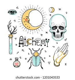 Alchemy symbol icon set. Spirituality, occultism, chemistry, magic tattoo concept. Vintage vector illustration collection with mystic and occult signs. Halloween, astrological elements.