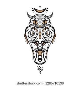 Alchemy symbol. Owl tattoo outline. Boho tribal style. Line ethnic ornaments. Poster, spiritual art, wisdom. Antistress art. Good for t-shirts design, bags, phone cases