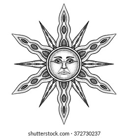 Alchemy Symbol of Sun with Rays - Vector Illustration Stylized as Engraving Isolated on White