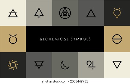 Alchemy symbols icon or logo  isolated on black background. Magic vector decorative elements. geometric shapes icon set. Pictograph.