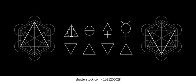 Alchemy symbols isolated on dark background. Magic vector decorative elements