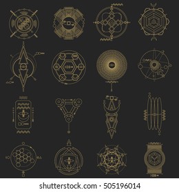 Alchemy symbols wit eye, moon, sun. Trendy geometric icons set. Occultism symbols collection. Religion, philosophy, spirituality. Can be used for card, cover, brochure, flyer, poster