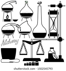 alchemy tools - a set of isometric black and white vector illustrations, side view
