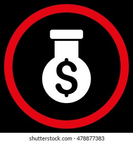 Alchemy vector bicolor rounded icon. Image style is a flat icon symbol inside a circle, red and white colors, black background.