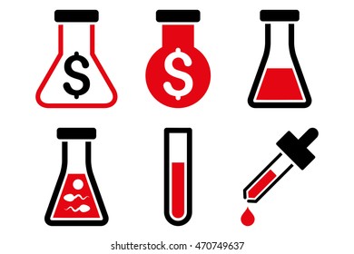 Alchemy vector icons. Pictogram style is bicolor intensive red and black flat icons with rounded angles on a white background.