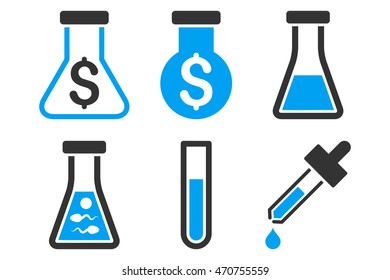 Alchemy vector icons. Pictogram style is bicolor blue and gray flat icons with rounded angles on a white background.