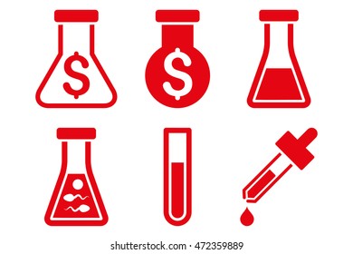 Alchemy vector icons. Pictogram style is red flat icons with rounded angles on a white background.