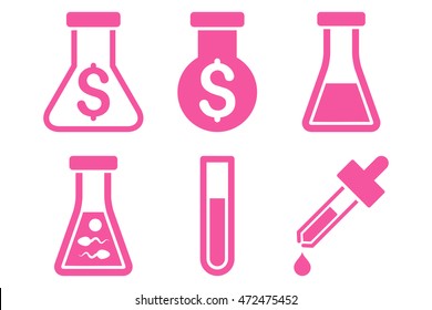 Alchemy vector icons. Pictogram style is pink flat icons with rounded angles on a white background.