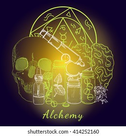 Alchemy vector illustration medieval science, skull, microscope, mystical signs, alchemical elements of mystical alchemy