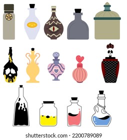 Alchemy vector illustration of a set of bottles with magic potions, a magic jar with crystal.