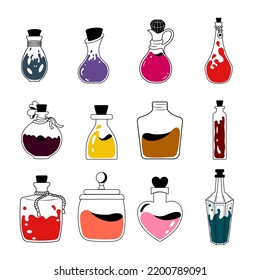 Alchemy vector illustration of a set of bottles with magic potions, a magic jar with crystal.