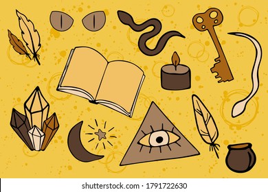 Alchimie-Vektoraufkleber-Set. Schwarze magische Elemente im Doodle-Stil. Freimaurerei der Vorsehung und andere mystische Elemente für Print-Design.  EPS10
