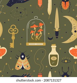 La brujería alquimista es un patrón sin fisuras con elementos vintage dibujados a mano. Tienda mágica y fondo vectorial de cuento de hadas con cuchillo de poción de insectos hongos de la mano de la luna