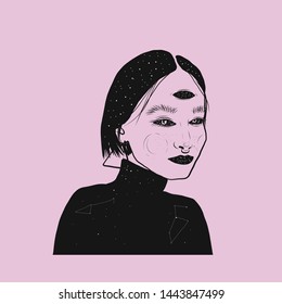 Alchemy woman with dark sky with stars in hair. Cosmic girl. Space in female body. Conceptual design on alchemy, fantasy, mystic. Boho esoteric illustration.