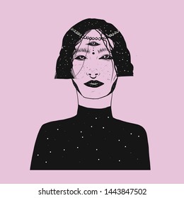 Alchemy woman with dark sky with stars in hair. Cosmic girl. Space in female body. Conceptual design on alchemy, fantasy, mystic. Boho esoteric illustration.