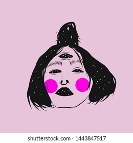 Alchemy woman with dark sky with stars in hair. Cosmic girl. Space in female body. Conceptual design on alchemy, fantasy, mystic. Boho esoteric illustration.