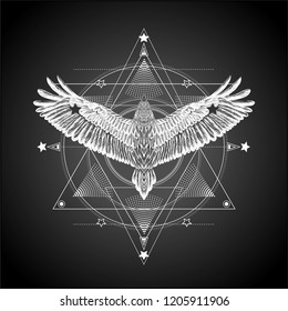 Alchemy.Masonic symbol.Geometric pattern with hand drawn flying bird.Six pointed star.Ornamental composition with sacred geometry.Alchemy,religion, spirituality,occultism.Conspiracy theory. 