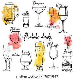 Alchohol drinks:champagne, red wine, white wine, port wine, liqueur, sherry, vermouth, brandy, whiskey, vodka, beer. Vector set. watercolor textur.