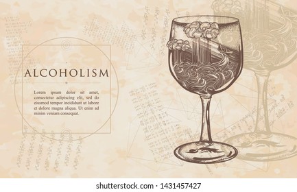 Alchoholism. Paper ship in a glass. Big waves and the small boat in ocean. Symbol fear and hope, fight against difficulties. Renaissance background. Medieval manuscript, engraving art 