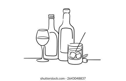 Álcool com 2 óculos desenho de linha continious. Uísque, copos de vinho com bebidas. Torradas brinde decoração festiva para férias. Ilustração vetorial	