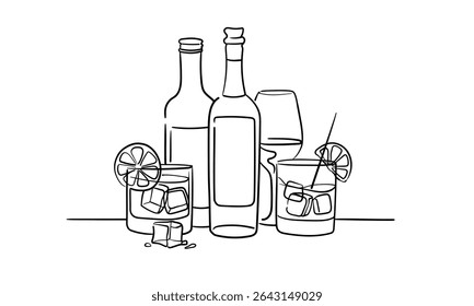 Álcool com 2 óculos desenho de linha continious. Uísque, copos de vinho com bebidas. Torradas brinde decoração festiva para férias. Ilustração vetorial	
