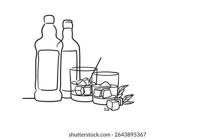 Alcohol with 2 glasses continious line drawing. Whiskey, wine glasses with drinks. Cheers toast festive decoration for holidays. Vector illustration	