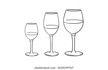 Alcohol with 3 glasses continious line drawing. Whiskey,  wine glasses with drinks. Cheers toast festive decoration for holidays. Vector illustration