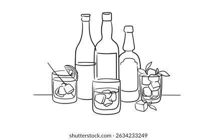 Alcohol with 3 glasses continious line drawing. Whiskey,  wine glasses with drinks. Cheers toast festive decoration for holidays. Vector illustration