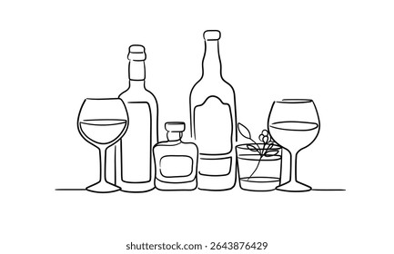 Alcohol with 3 glasses continious line drawing. Whiskey, wine glasses with drinks. Cheers toast festive decoration for holidays. Vector illustration	