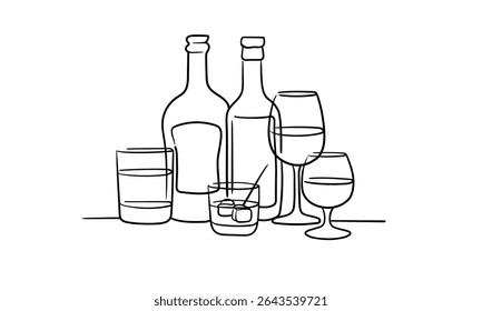 Álcool com 4 óculos desenho de linha continious. Uísque, copos de vinho com bebidas. Torradas brinde decoração festiva para férias. Ilustração vetorial	
