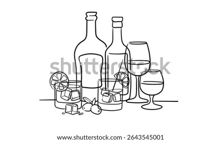 Alcohol with 4 glasses continious line drawing. Whiskey, wine glasses with drinks. Cheers toast festive decoration for holidays. Vector illustration	