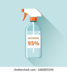 Alcohol 95% antiseptic medical spray bottle in flat design style orange and blue sanitize themed color icon symbol