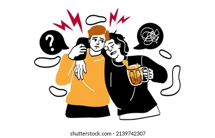 Alcohol abuse and addiction concept. Frustrated man picks up his drunk friend from bar. Male alcoholic character consumes excessive amount of beer. Cartoon flat vector illustration in doodle style