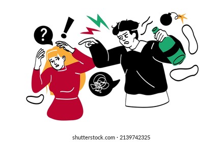 Alcohol abuse and addiction concept. Irritated alcoholic man holds bottle of wine, insults his wife or vents his anger. Alcoholism or bad habit. Cartoon flat vector illustration in doodle style