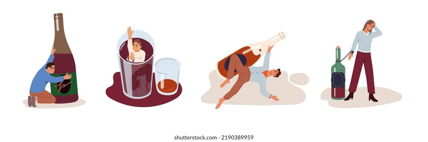 Alcohol abuse and addiction concept. Set of drunk men and women with bottles of wine and other alcoholic beverages. Bad habit, alcoholism. Cartoon flat vector collection isolated on white background