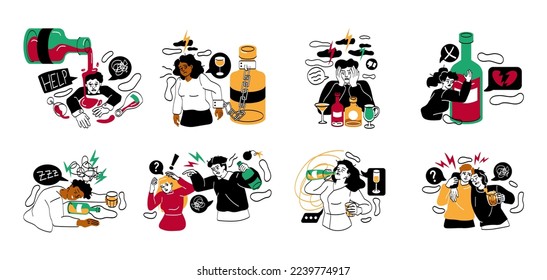 Alcohol abuse and addiction concept. Set of drunk men and women alcoholics with bottles of wine, beer and alcoholic beverages. Bad habits and unhealthy lifestyle. Cartoon flat vector collection