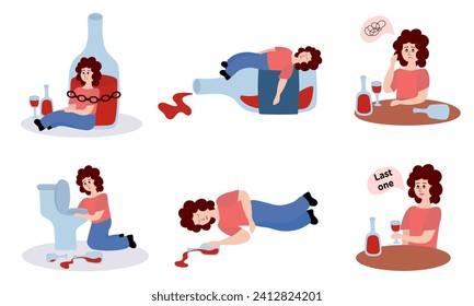 Alcohol abuse and addiction concept. Set of drunk woman with bottles of alcoholic drinks. Addicted drinkers with unhealthy habit and alcoholism. Flat vector illustrations isolated on white background.