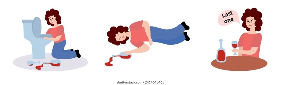 Alcohol abuse and addiction concept. Set of drunk woman with bottles and glasses of alcoholic drinks. Addicted drinkers with unhealthy habit and alcoholism. Flat vector illustration