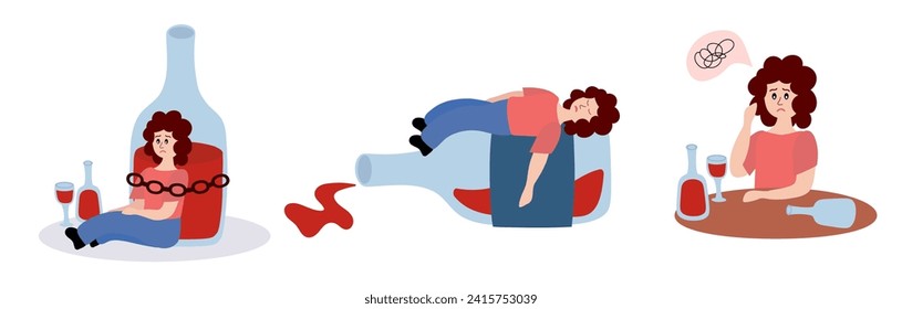 Alcohol abuse and addiction concept. Set of drunk woman with bottles and glasses of alcoholic drinks. Addicted drinkers with unhealthy habit and alcoholism. Flat vector illustration.