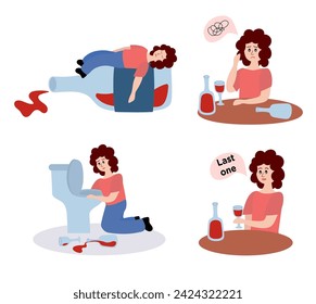 Alcohol abuse and addiction concept. Set of drunk woman with bottles of alcoholic drinks. Addicted drinkers with unhealthy habit and alcoholism. Flat vector illustrations isolated on white background.