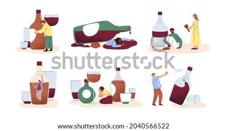 Alcohol abuse and addiction concept. Set of drunk people with bottles of alcoholic drinks. Addicted drinkers with unhealthy habit and alcoholism. Flat vector illustrations isolated on white background