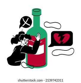 Alcohol abuse and addiction concept. Unhappy alcoholic woman with broken heart hugs bottle of wine. Drinking character with unhealthy habit. Cartoon modern flat vector illustration in doodle style