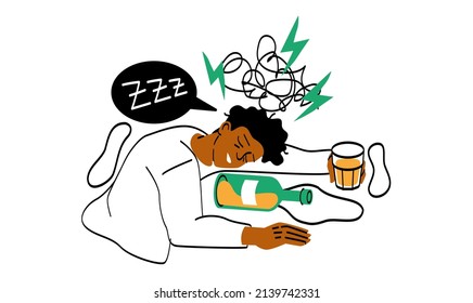 Concepto de abuso de alcohol y adicción. El hombre infeliz bebe una cantidad excesiva de cerveza o bebidas alcohólicas y duerme. Hábitos poco saludables o alcoholismo. Dibujo vectorial plano de caricatura en estilo doodle