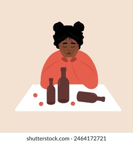 Alkoholmissbrauch. Das Konzept von Booze. Trauriges afrikanisches Mädchen sitzt am Tisch und trinkt Wein. Soziale Probleme, Alkoholsucht. Gefährliche Angewohnheit. Vektorillustration im flachen Cartoon-Stil.