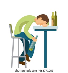 Alcohol abuse concept. Guy has drunk too much. Colorful vector flat illustration.