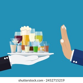 Alcohol abuse concept. Hand gives glasses Alcohol drinks. Stop alcoholism. Rejection Bottles with vodka champagne wine whiskey tequila cognac liquor vermouth gin rum. Vector illustration flat style