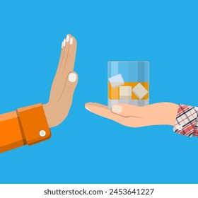 Alcohol abuse concept. Hand gives glass of whiskey to other hand. Stop alcoholism. Rejection. Vector illustration in flat style