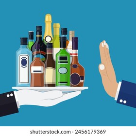 Alcohol abuse concept. Hand gives Alcohol drinks. Stop alcoholism. Rejection Bottles with vodka champagne wine whiskey tequila cognac liquor vermouth gin rum. Vector illustration flat style