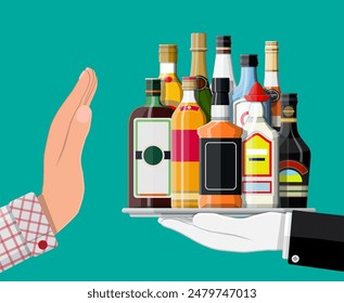 Concepto de abuso de alcohol. La mano le da la botella de alcohol a la otra mano. Detengan el alcoholismo. Rechazo. Ilustración vectorial en estilo plano.