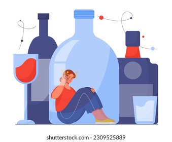 Konzept des Alkoholmissbrauchs. Die Frau sitzt auf dem Boden der großen Flasche neben Glas Wein, alkoholische Getränke. Sucht und psychische Probleme, Depression und Frustration. Cartoon-Flavektor-Vektorgrafik